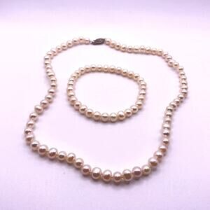 Vintage Pearl Necklace & Bracelet Set with Sterling Silver Clasp